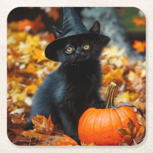 Dessous De Verre Carré Chat noir d'Halloween et Citrouille
