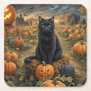 Dessous De Verre Carré Chat noir d'Halloween et Citrouilles