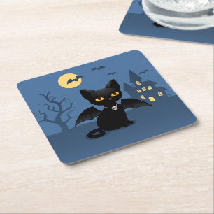 Dessous De Verre Carré Chat noir d'Halloween vampire avec des ailes