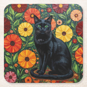 Dessous De Verre Carré Chat noir et fleurs d'art populaire colorées