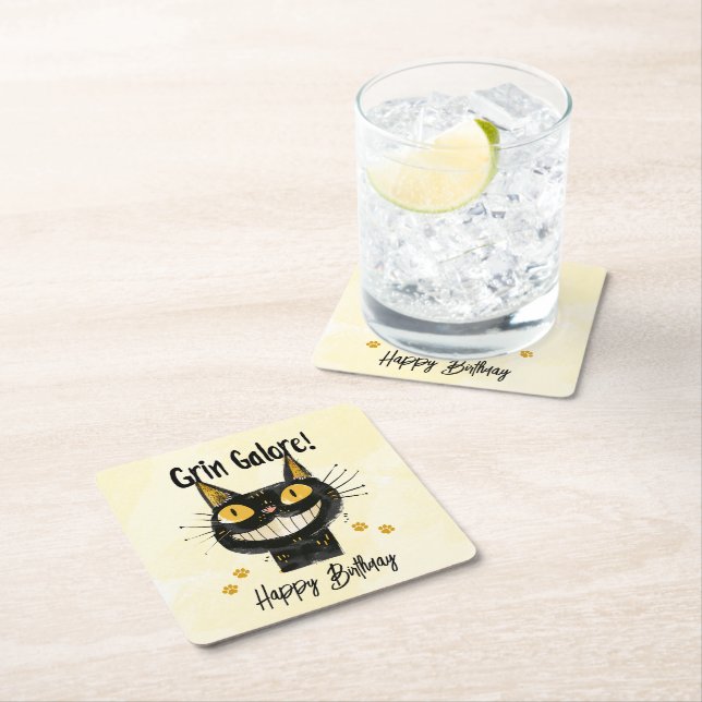Dessous De Verre Carré Chat noir mignon Joyeux anniversaire (En situation)