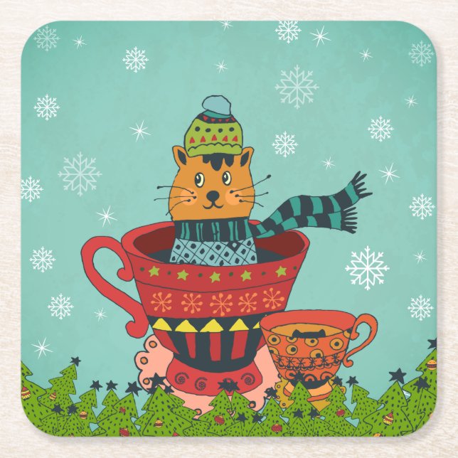 Dessous De Verre Carré Chat Whimsical assis dans un thé Noël (Devant)