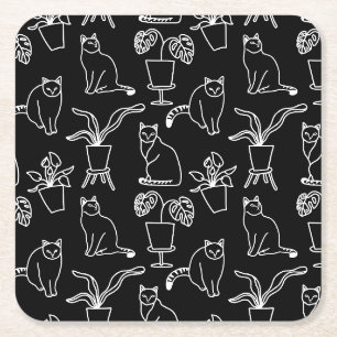 Dessous De Verre Carré Chats blancs en noir