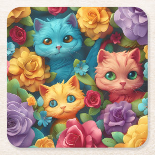 Dessous De Verre Carré Chats colorés et fleurs joli design