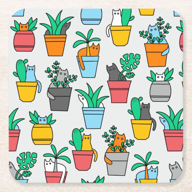 Dessous De Verre Carré Chats dans les pots à fleurs (Devant)