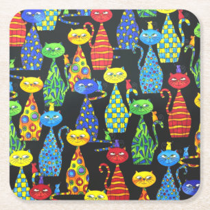 Dessous De Verre Carré Chats et souris colorés