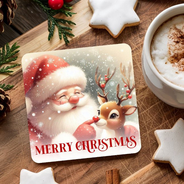Dessous De Verre Carré Cheerful Santa Claus Rudolph Christmas Drink  (Cheerful Santa Claus Rudolph Christmas Drink Coasters)