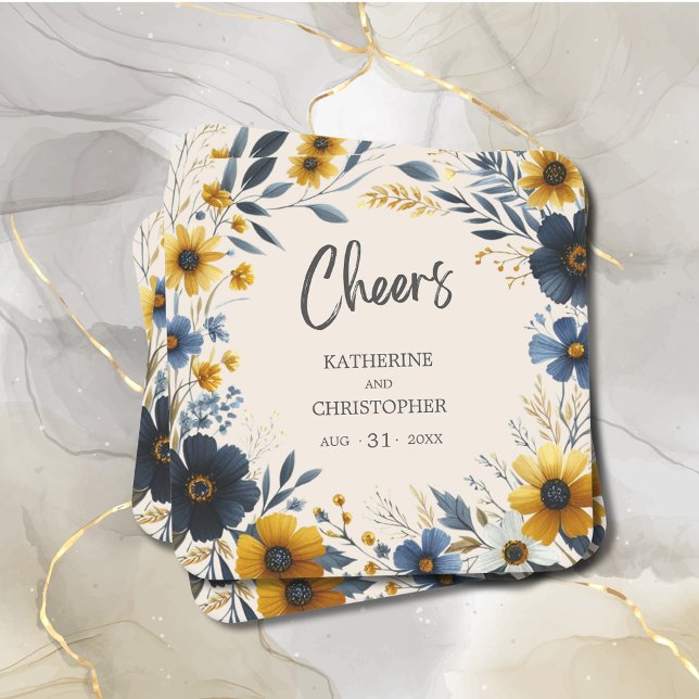 Dessous De Verre Carré Cheers Aquarelle Fleur sauvage Élégant Mariage bei (Cheers Wildflowers Wedding Coaster with Blue and Yellow Wildflowers, wedding info.)