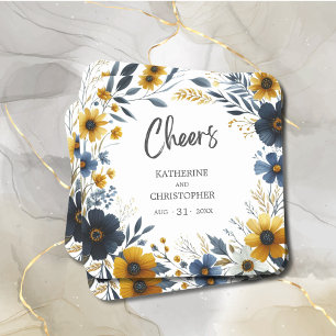 Dessous De Verre Carré Cheers Blue Jaune Fleurs sauvages Élégant mariage
