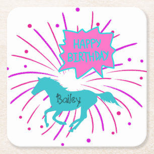 Dessous De Verre Carré Cheval Joyeux Anniversaire rose violet Turquoise