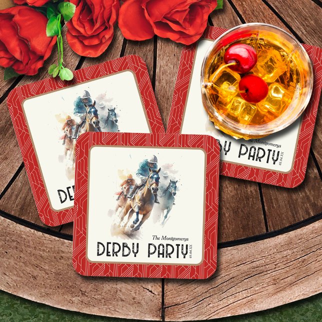 Dessous De Verre Carré Chevaux de course Derby Party Carré rouge (Race Horses Derby Party Red Coasters)