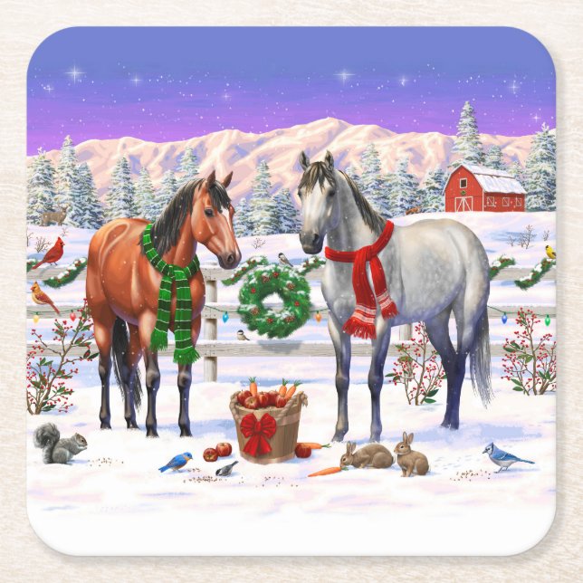 Dessous De Verre Carré Chevaux de Noël en neige (Devant)