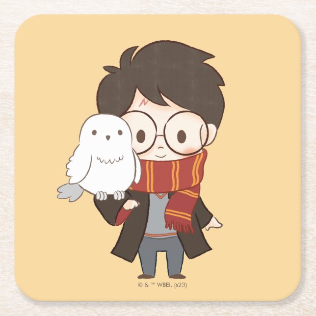 Dessous De Verre Carré Chibi HARRY POTTER™ & Hedwig (Devant)