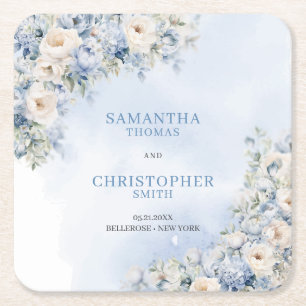 Dessous De Verre Carré Chic aquarelle bleu hydrangea roses blanches