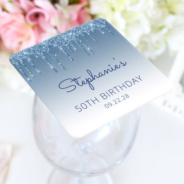 Dessous De Verre Carré Chic Blue Parties scintillant Drip 50th Birthday P (Créateur téléchargé)