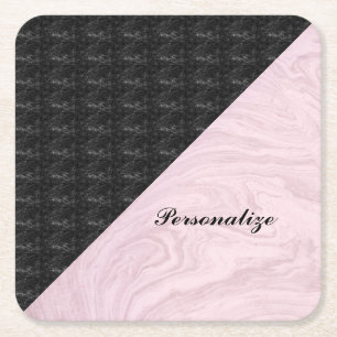 Dessous De Verre Carré Chic Elegant Marbre Noir Rose Personnalisé