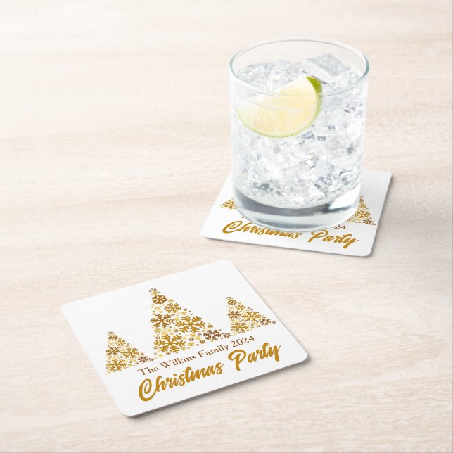 Dessous De Verre Carré Chic Gold Snowflakes fête de Noël personnalisée (En situation)