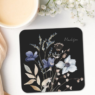 Dessous De Verre Carré Chic Monogrammé Joli Floral Bleu Aquarelle