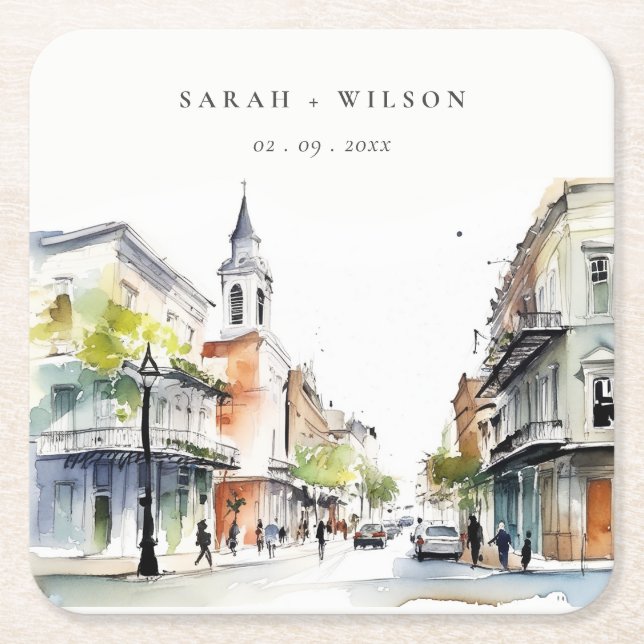 Dessous De Verre Carré Chic New Orleans Louisiana Mariage aquarelle (Devant)