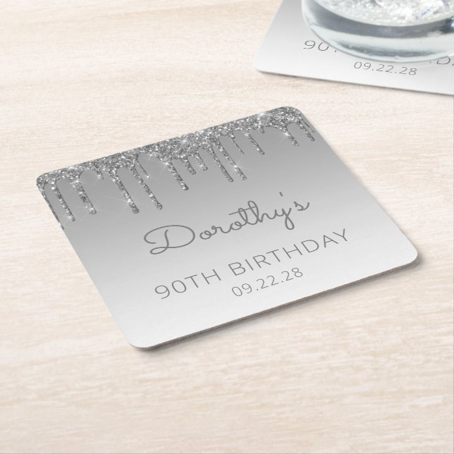 Dessous De Verre Carré Chic Silver Parties scintillant Drip 90e fête d'an (Incliné)