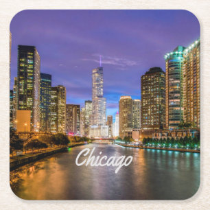 Dessous De Verre Carré Chicago Illinois City La Nuit
