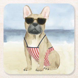 Dessous De Verre Carré Chien chaud   Chiot En Lunettes De Soleil À La Pla