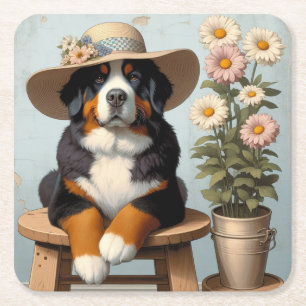 Dessous De Verre Carré Chien de montagne bernois mignon avec Casquette et