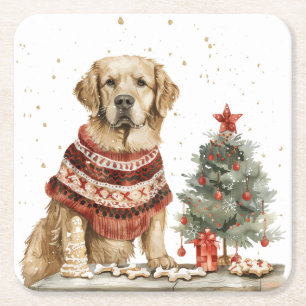 Dessous De Verre Carré Chien de Noël Golden Retriever