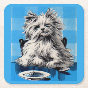 Dessous De Verre Carré chien dodu mangeant à la table