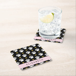 Dessous De Verre Carré Chien Paws, White Paws, Gold Hearts, Votre Nom