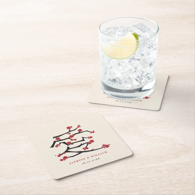 Dessous De Verre Carré Chinese Love Red Cherry Blossoms (En situation)