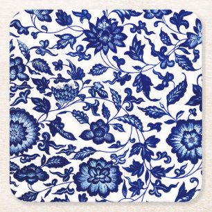 Dessous De Verre Carré Chinois bleu marine foncé motif floral sur blanc