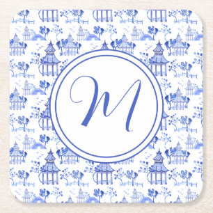 Dessous De Verre Carré Chinoiserie Aquarelle Pagode Motif Monogramme
