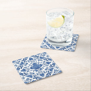 Dessous De Verre Carré Chinoiserie florale bleue aquarelle blanche