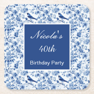Dessous De Verre Carré Chinoiserie Oiseaux bleus et Fleurs Anniversaire