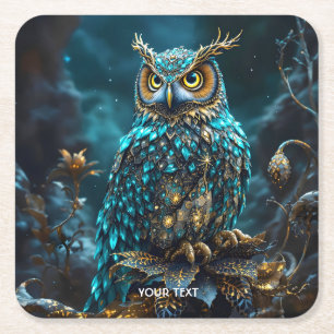 Dessous De Verre Carré Chouette Turquoise en laiton Imaginaire