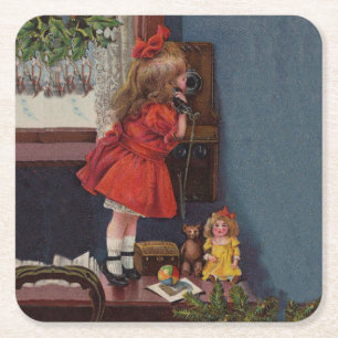 Dessous De Verre Carré Christmas Little Girl Téléphone Antique