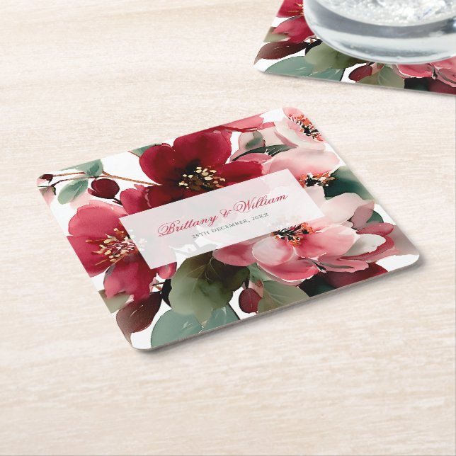 Dessous De Verre Carré  Christmas Themed Red Floral Wedding  (Incliné)