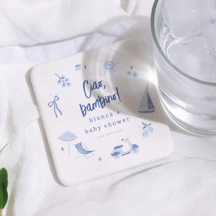 Dessous De Verre Carré Ciao Bambino Baby Shower Garçon Bleu Italien