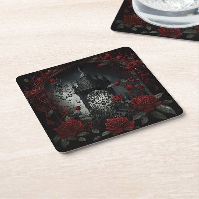 Dessous De Verre Carré Cimetière gothique Jardin Rose avec Rouge et Noir (Incliné)