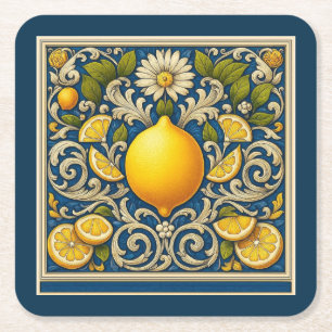 Dessous De Verre Carré Citron Amalfi Bleu Méditerranée Art Nouveau