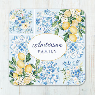 Dessous De Verre Carré Citron de carreau italien bleu aquarelle personnal