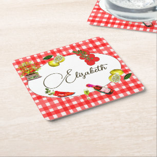Dessous De Verre Carré Citron méditerranéen Motif blanc rouge