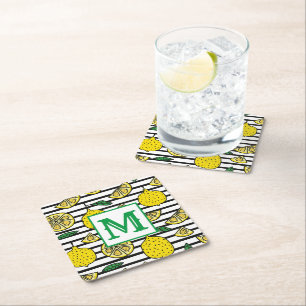 Dessous De Verre Carré Citron moderne sur Motif noir et blanc Monogramme