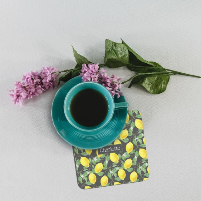 Dessous De Verre Carré Citron motif nom personnalisé jaune gris (Créateur téléchargé)