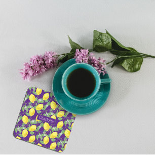 Dessous De Verre Carré Citron motif nom personnalisé jaune violet