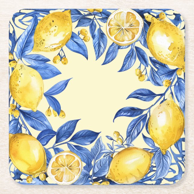 Dessous De Verre Carré Citrons Portugais sur Fond Bleu (Devant)