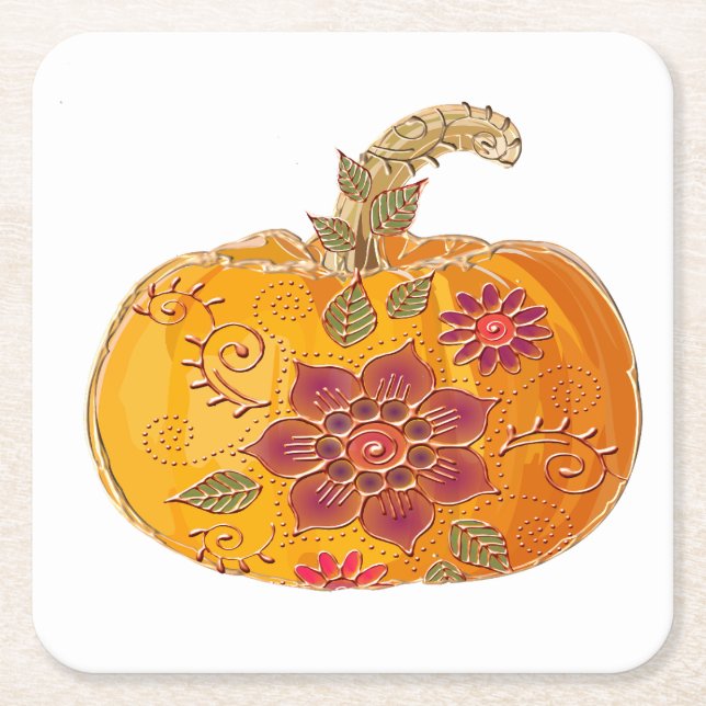 Dessous De Verre Carré Citrouille Automne Avec Fleurs (Devant)