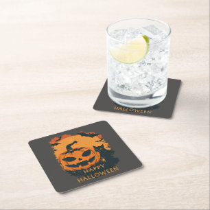Dessous De Verre Carré Citrouille d'Halloween avec compagnon