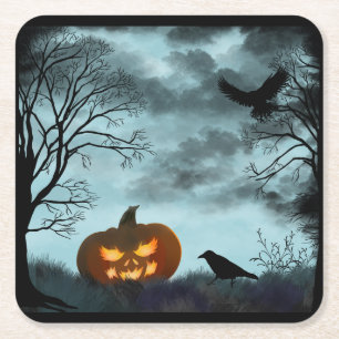 Dessous De Verre Carré Citrouille d'Halloween et corbeau